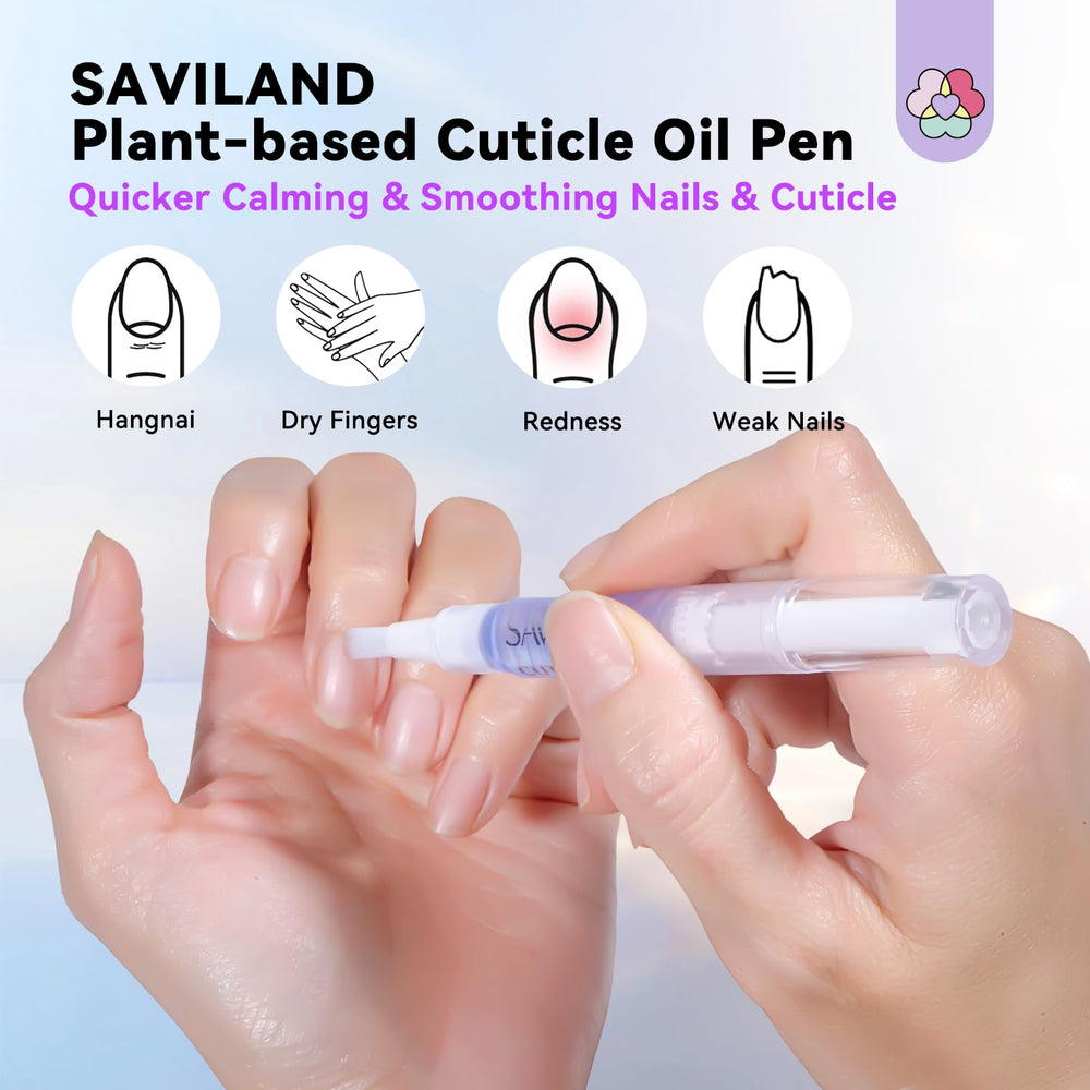 SAVILAND cuticle oil pen six flavors display highlighting refreshing scents for nail care.
