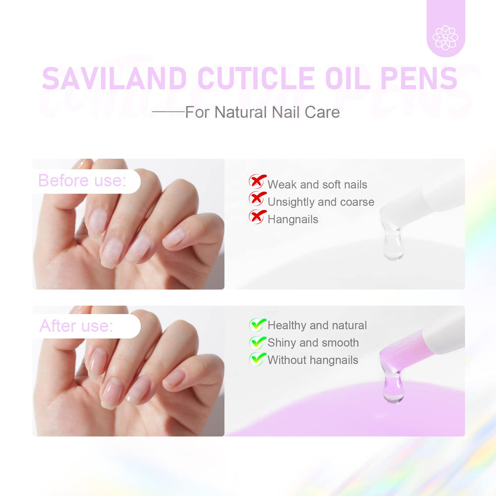 SAVILAND cuticle oil pen packaging and flavors display.