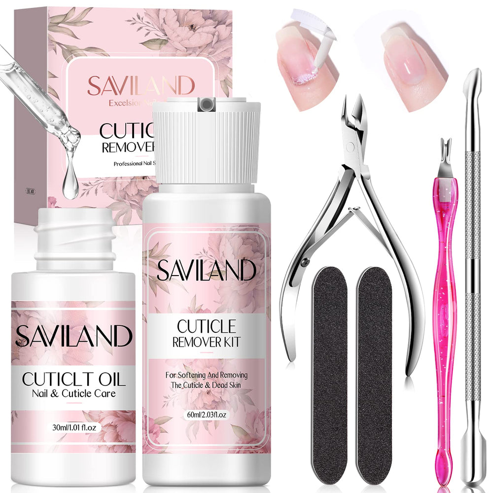 Saviland cuticle remover kit bottle closeup for salon-quality softening at home.