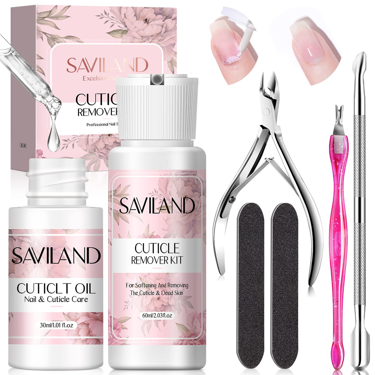 Saviland cuticle remover kit bottle closeup for salon-quality softening at home.