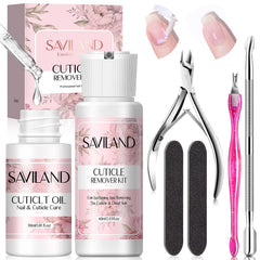 Saviland cuticle remover kit bottle closeup for salon-quality softening at home.