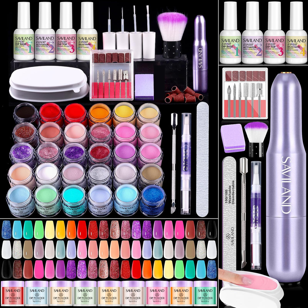 SAVILAND Dip Powder Kit with 30 colors in a box for versatile DIY manicures.