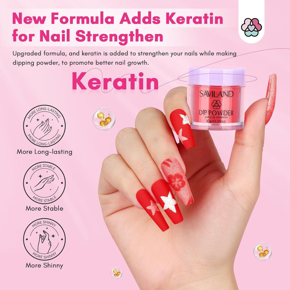 SAVILAND dip powder liquids (base, activator, top coat) for long-lasting color.