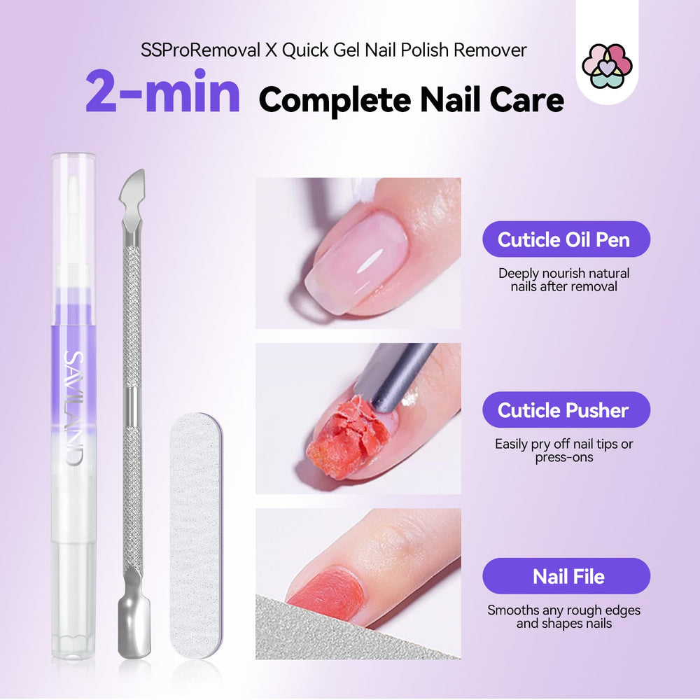 2-minute gel polish removal and longer options demonstrated.