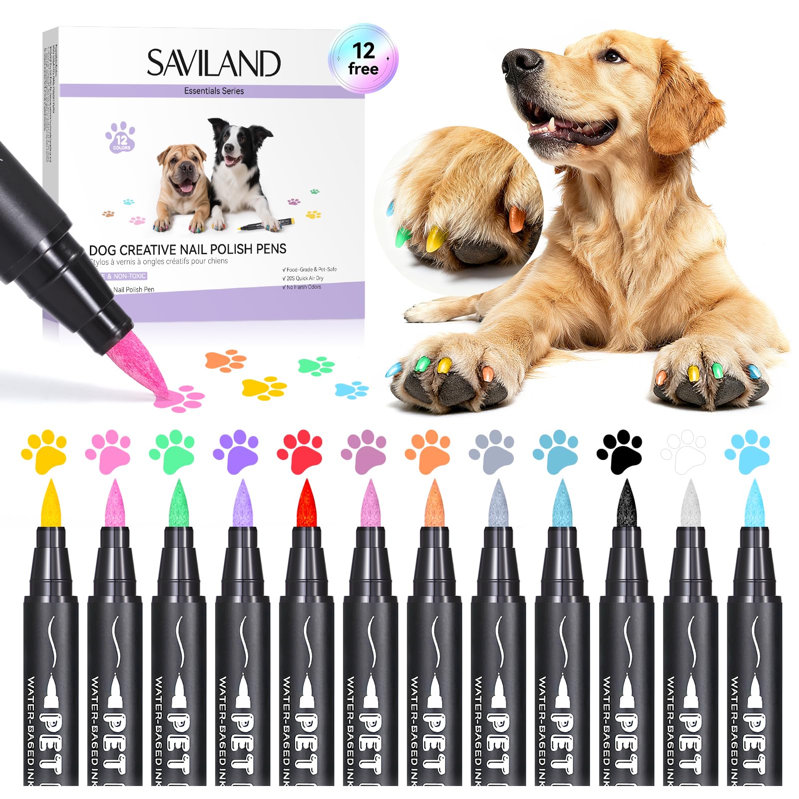 SAVILAND dog-nail polish pens 12 colors display for quick pet nail art