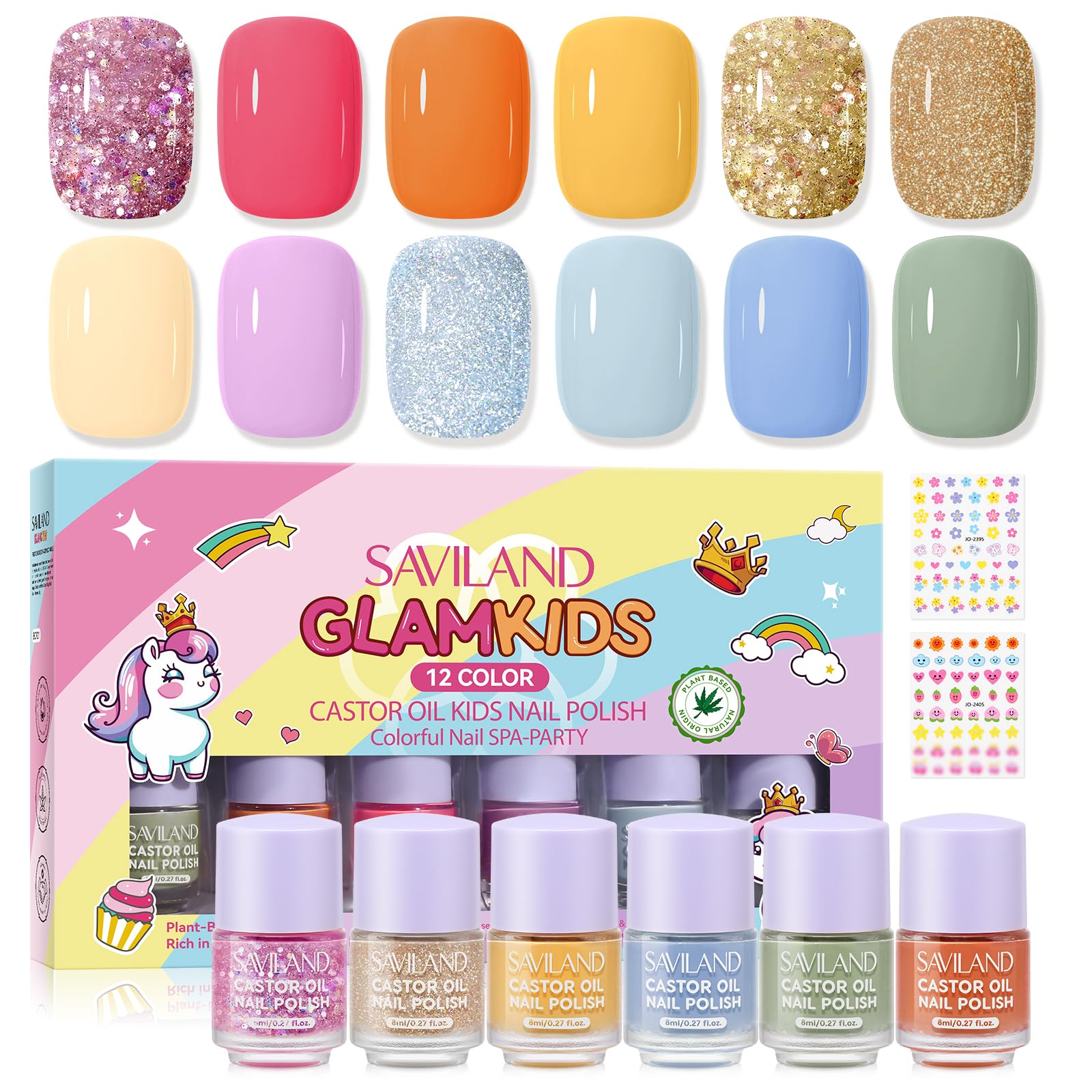 SAVILAND Glamkids 12-colors pack with vibrant shades for playful nail art at home.
