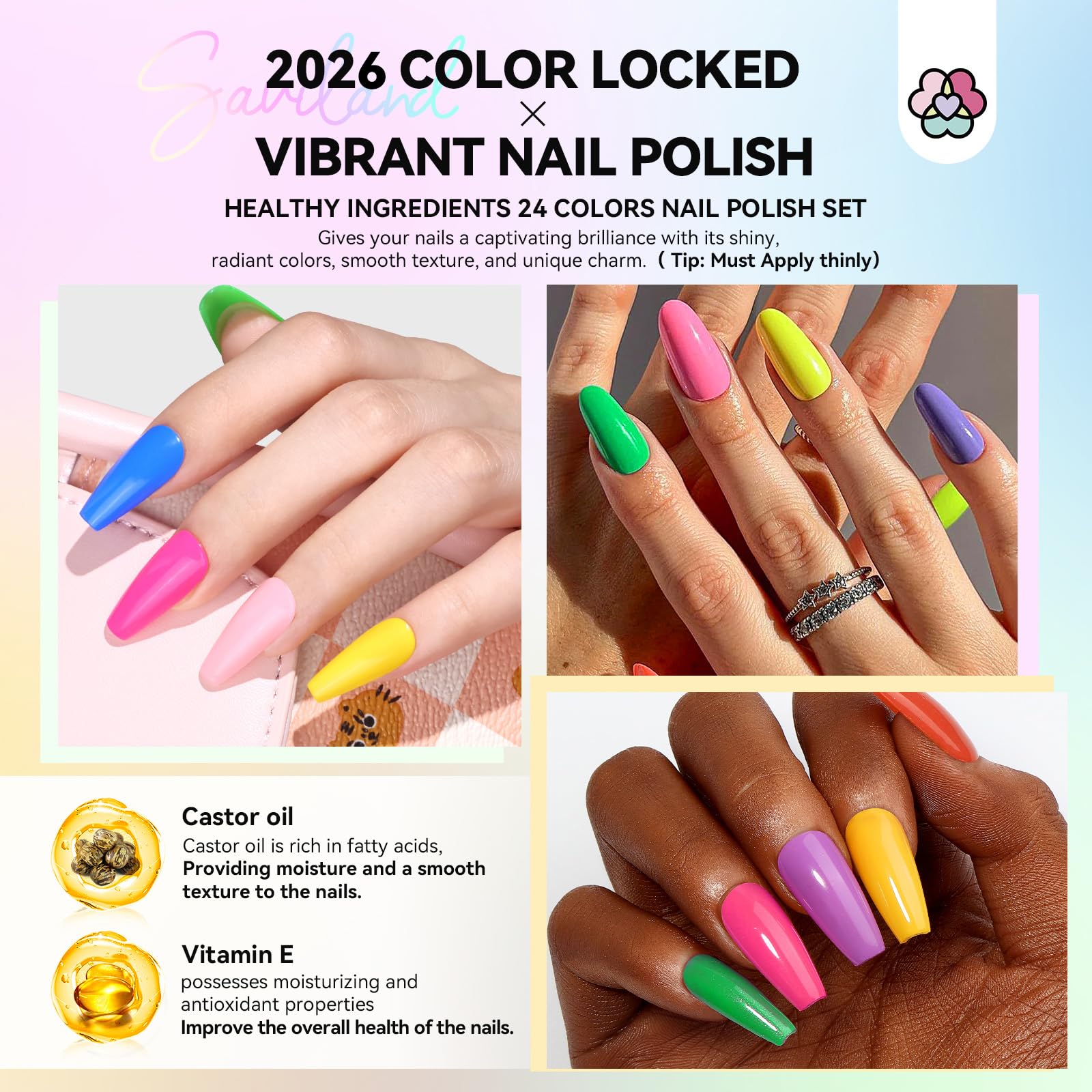 SAVILAND glitter neon polish collection showing shimmering finishes on nails