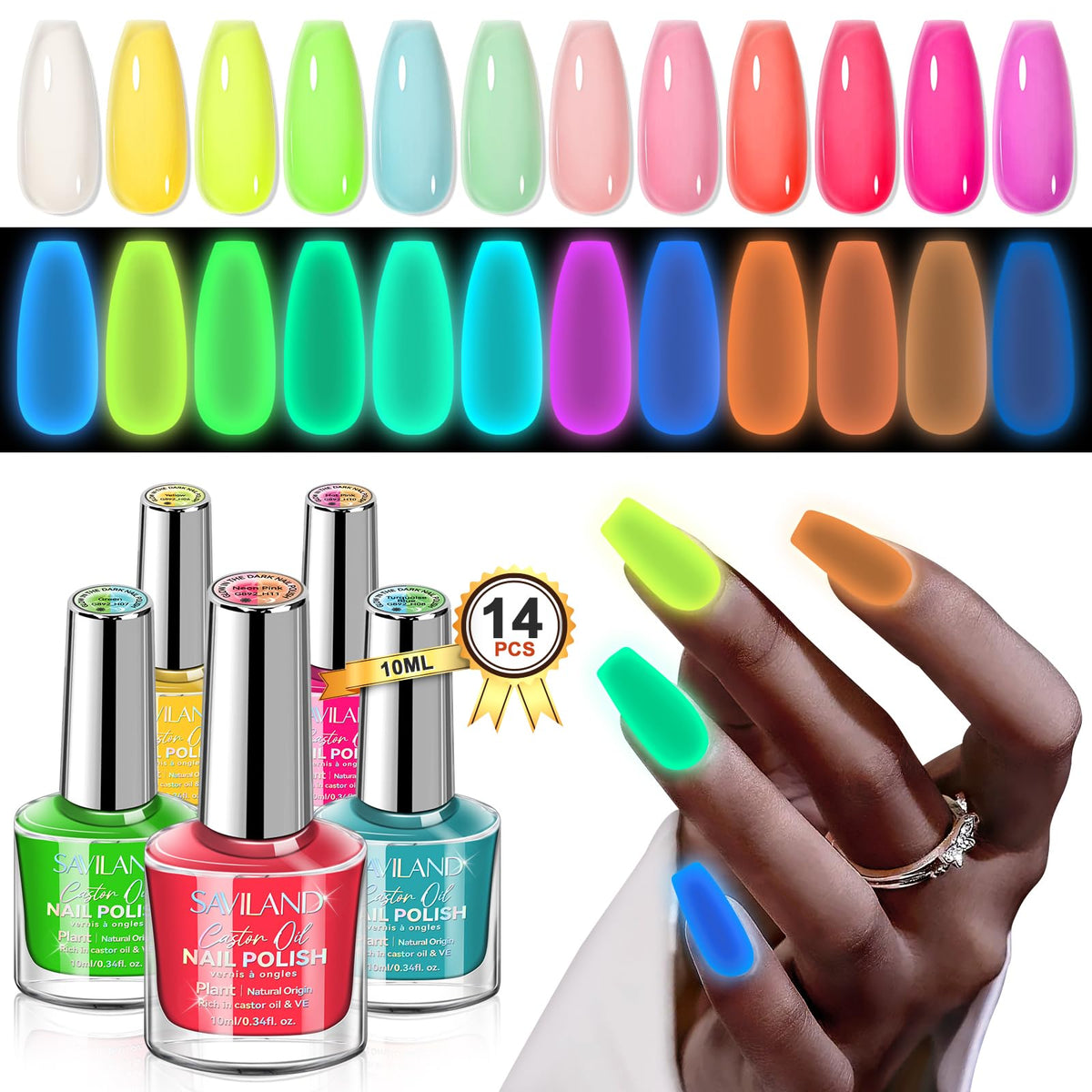 SAVILAND glow-in-the-dark nail polish kit with neon hues for bold night-time nails.