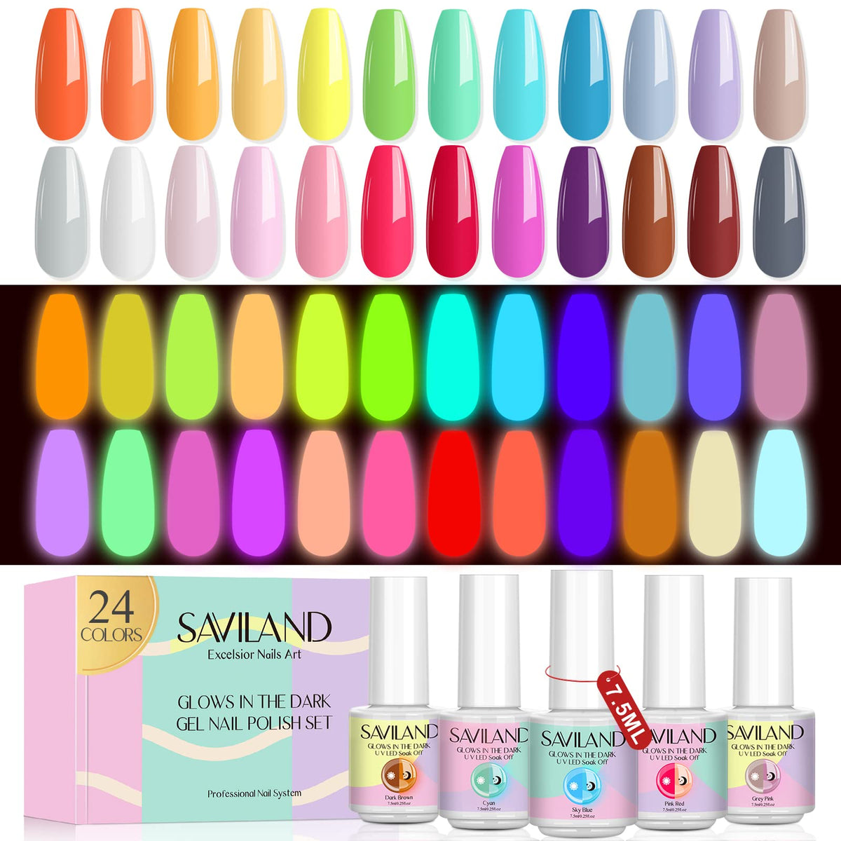 SAVILAND glow-in-the-dark nail polish set packaging with 24 colors