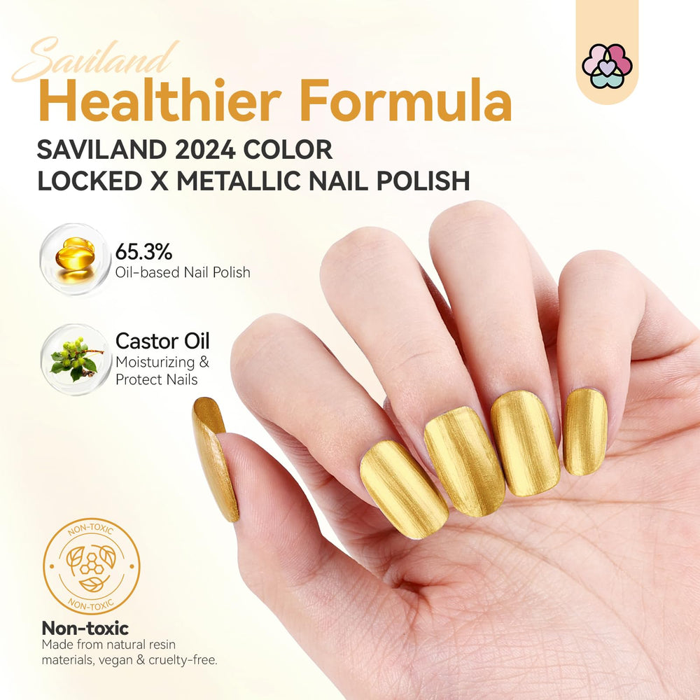 SAVILAND Gold nail polish brush stroke demonstrates smooth precise application for salon-like results.