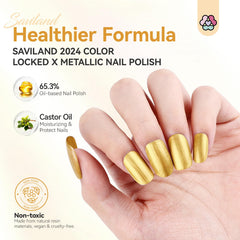SAVILAND Gold nail polish brush stroke demonstrates smooth precise application for salon-like results.
