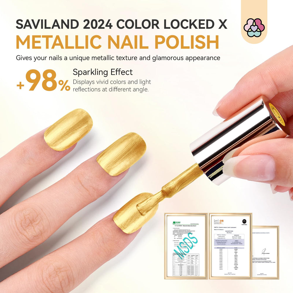 SAVILAND Gold nail polish removal shot demonstrates simple cleanup after color tasks.