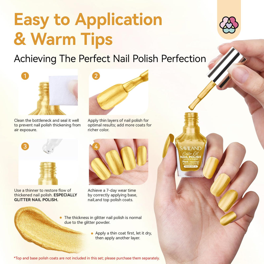 SAVILAND Gold nail polish on hands showcases durable shine for daily wear.