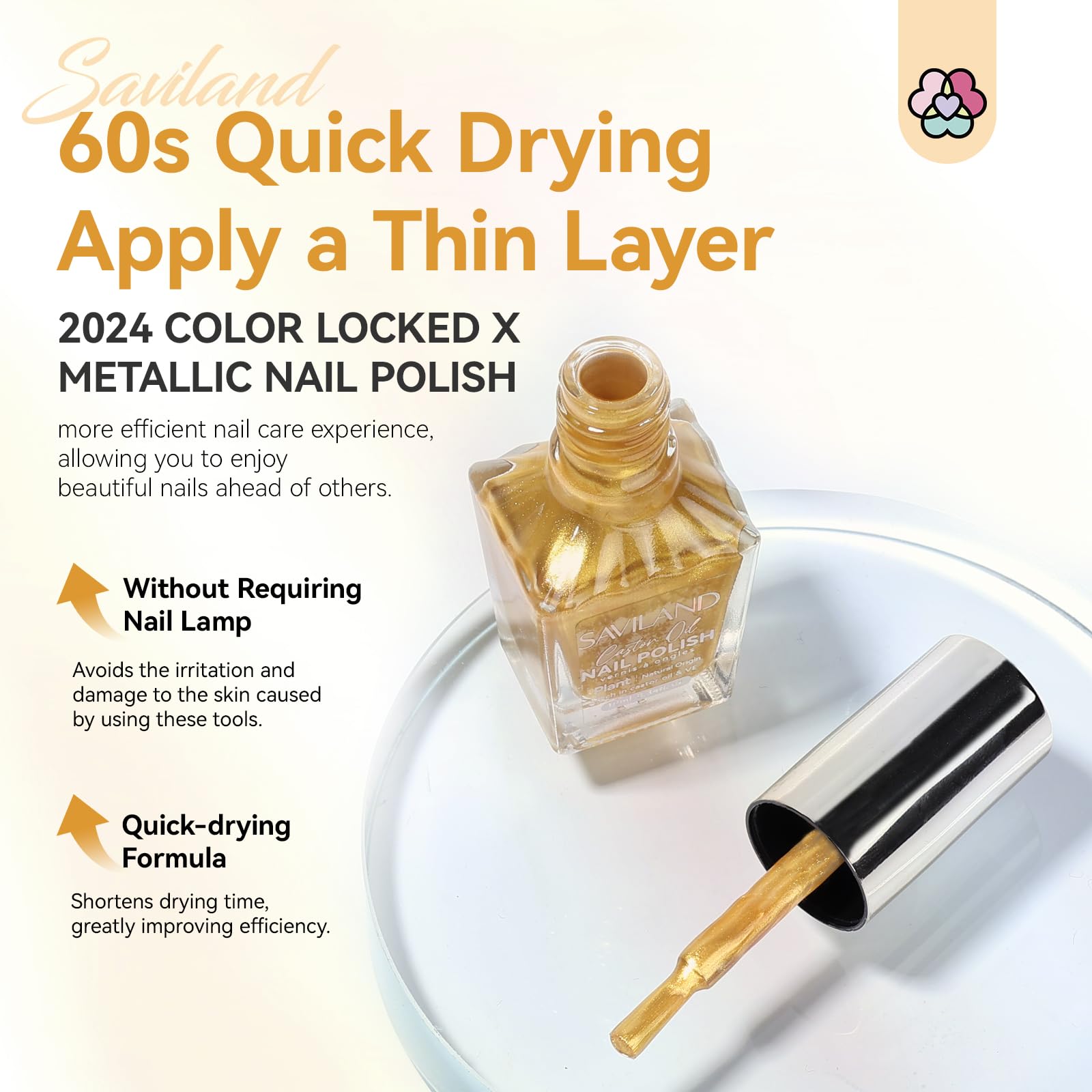 SAVILAND Gold nail polish packaging display highlights straightforward home-friendly manicure options.