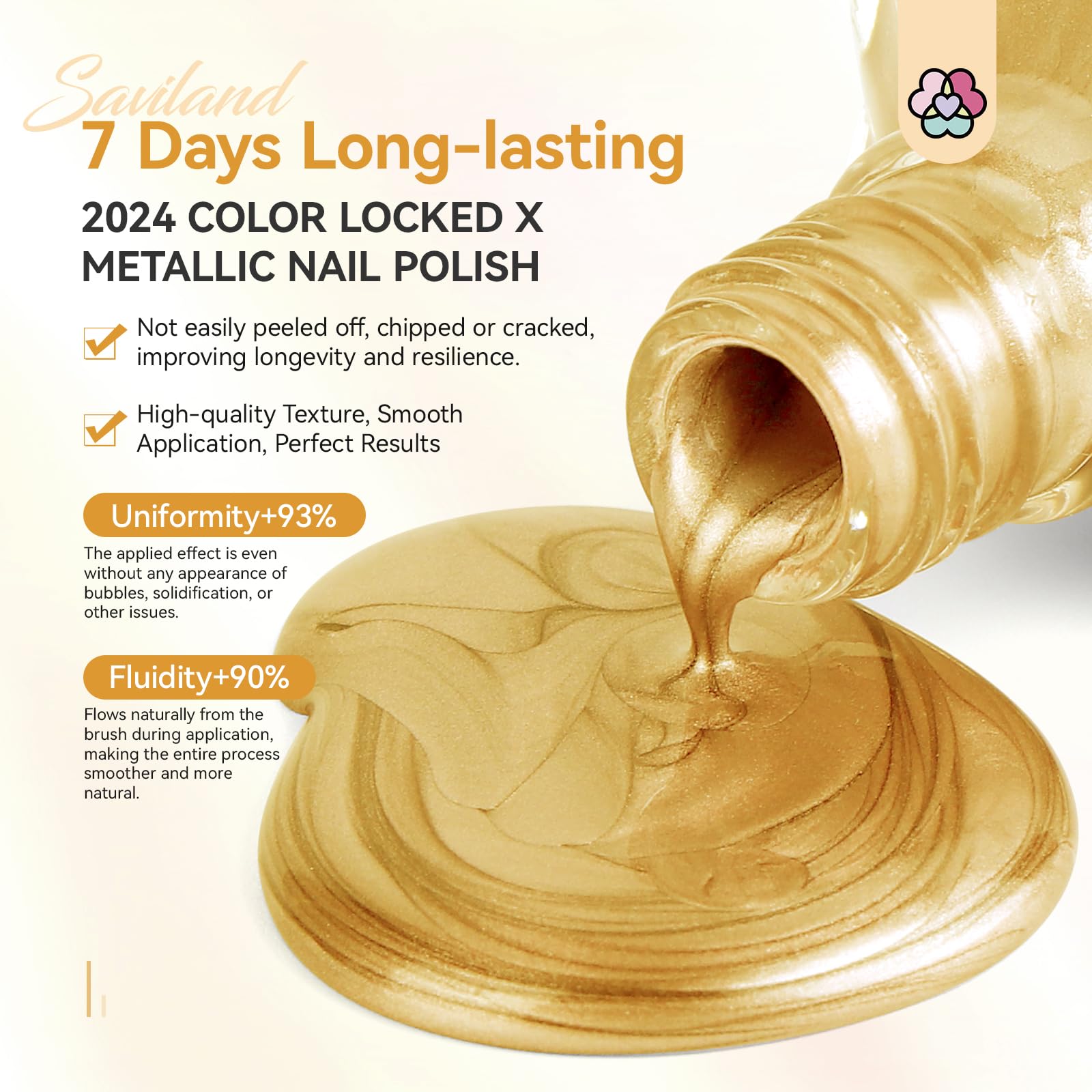 SAVILAND Gold polish swatch reveals rich mirror gold hue ideal for bold nail art.