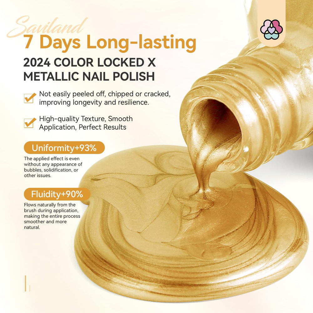 SAVILAND Gold polish swatch reveals rich mirror gold hue ideal for bold nail art.