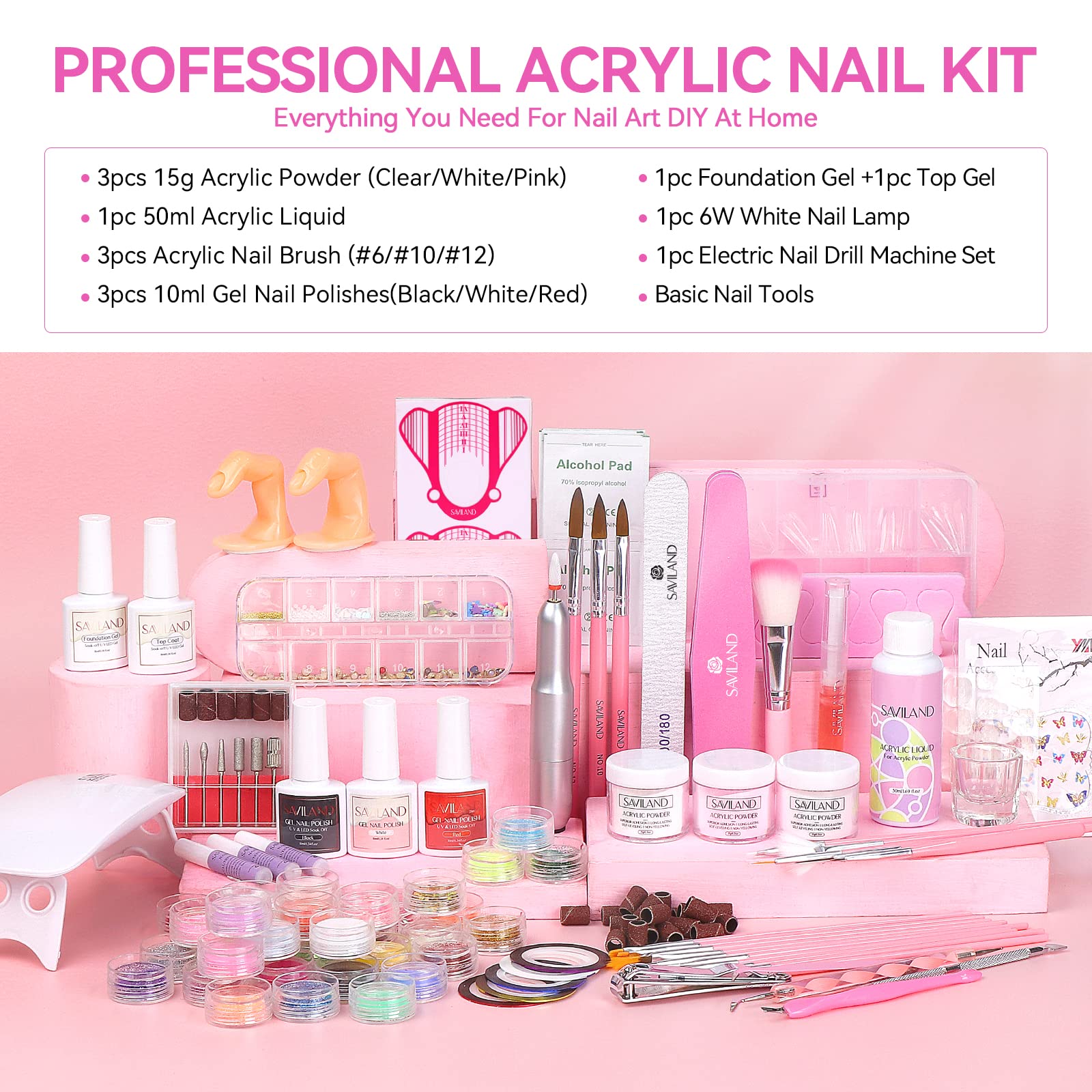 SAVILAND kit contents acrylic powders and monomer for durable DIY nails
