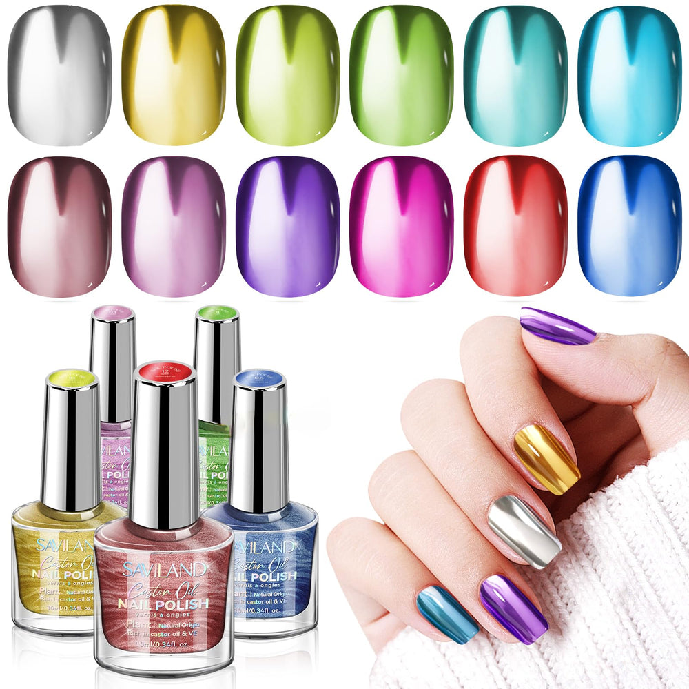 SAVILAND metallic nail polish set with base and top coat delivering a high-gloss finish.