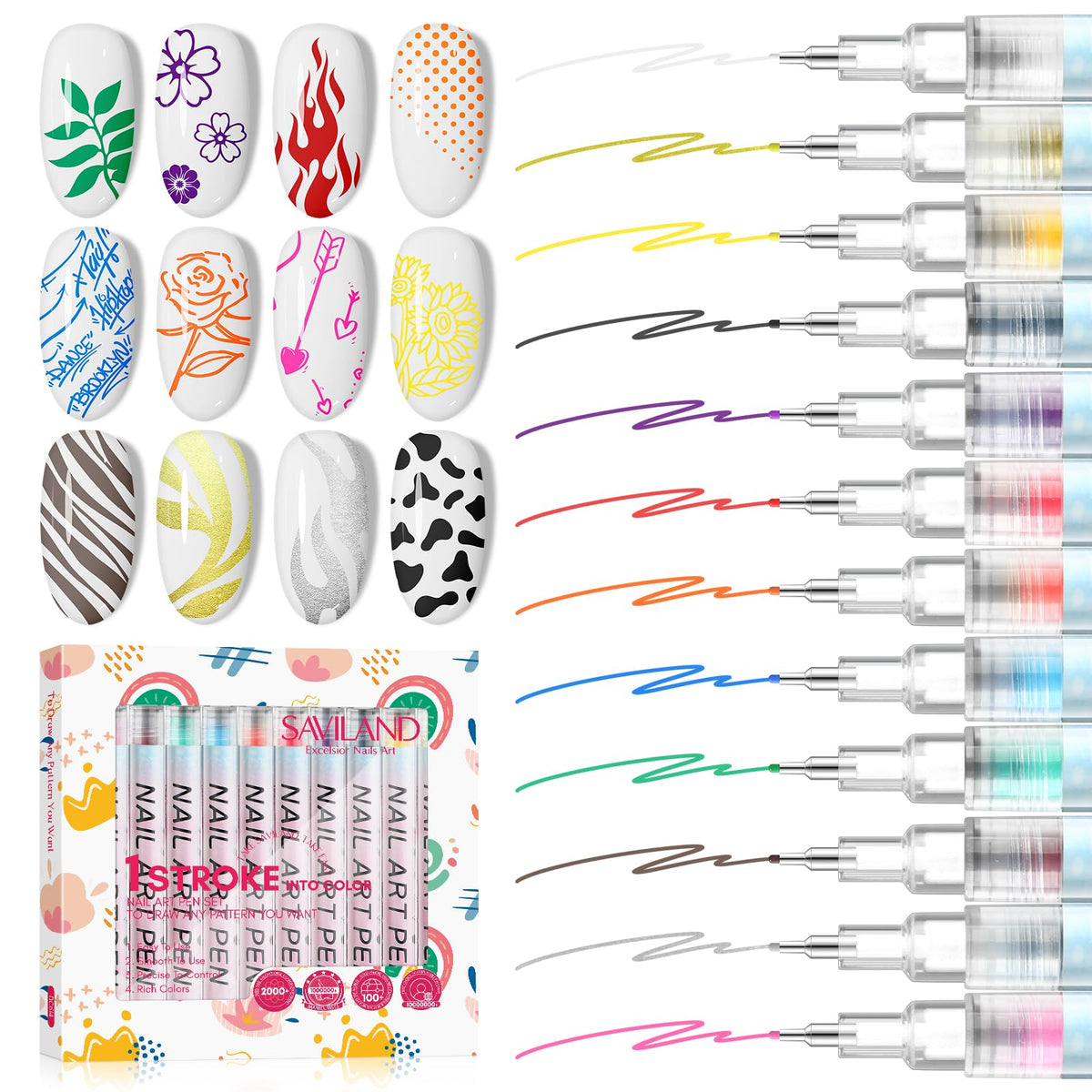 SAVILAND nail art pens set with 12 colors for versatile DIY designs on nails.