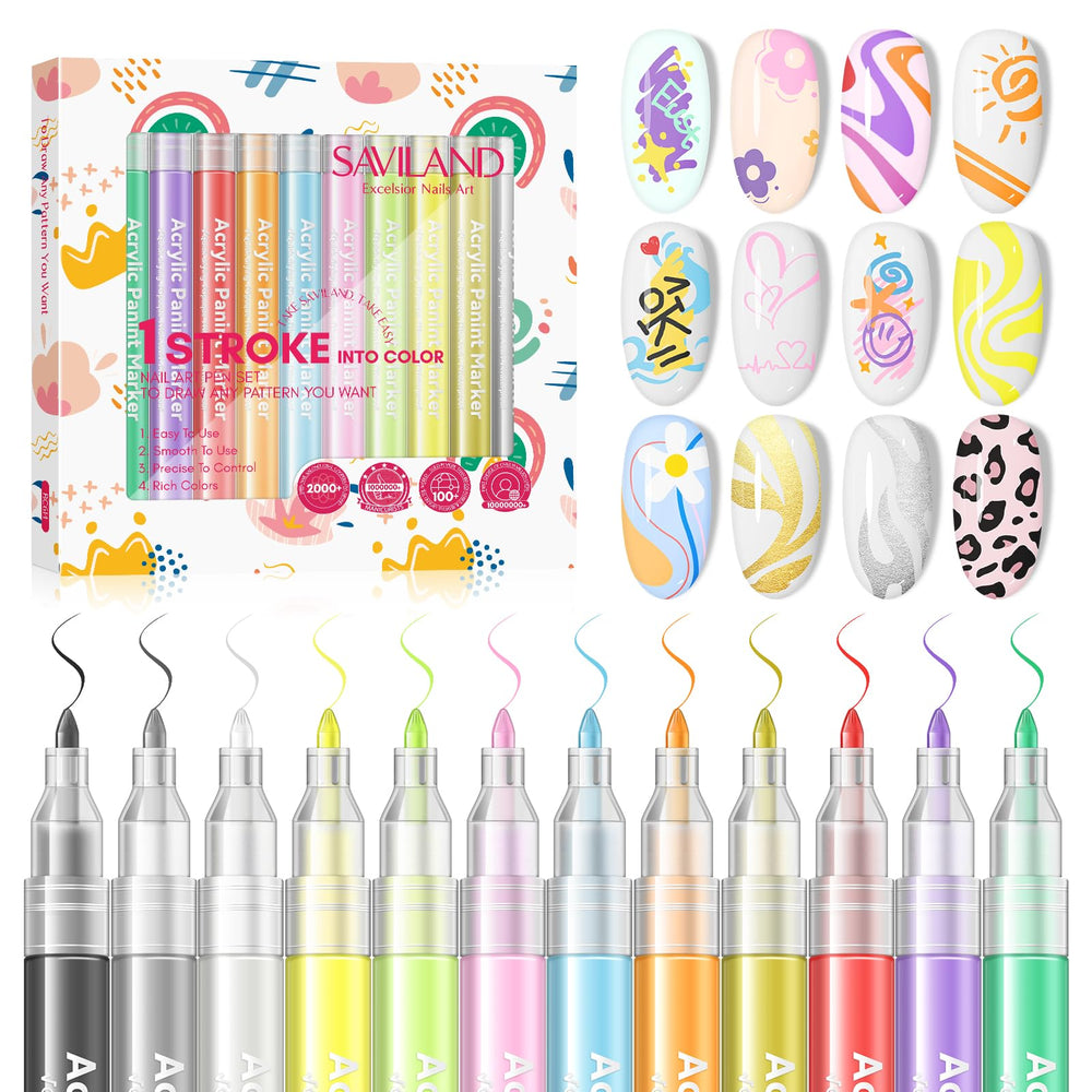 SAVILAND Nail Art Pens Set cap closeup shows vibrant colors for precise home nail art