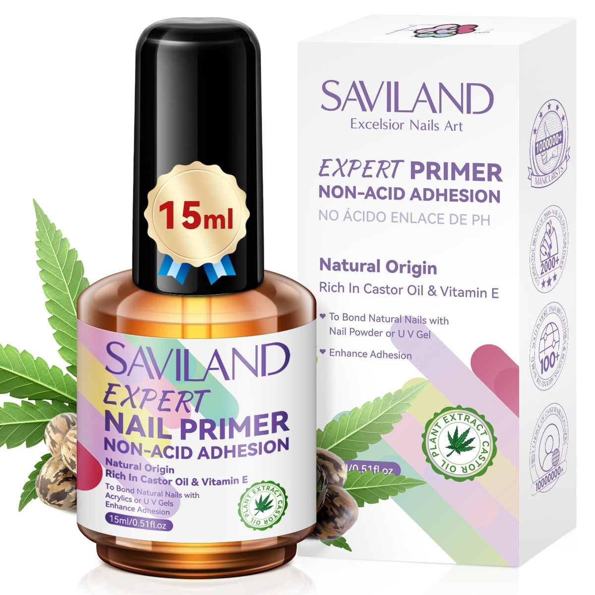 SAVILAND Nail Primer No Lift bottle close-up highlighting acid-free bonding