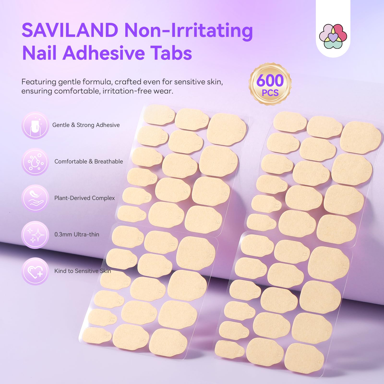 SAVILAND plant-based formula close-up highlighting gentle adhesion.