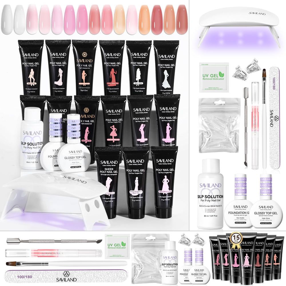 SAVILAND poly extension gel kit collection showing 15 sheer colors for versatile looks.