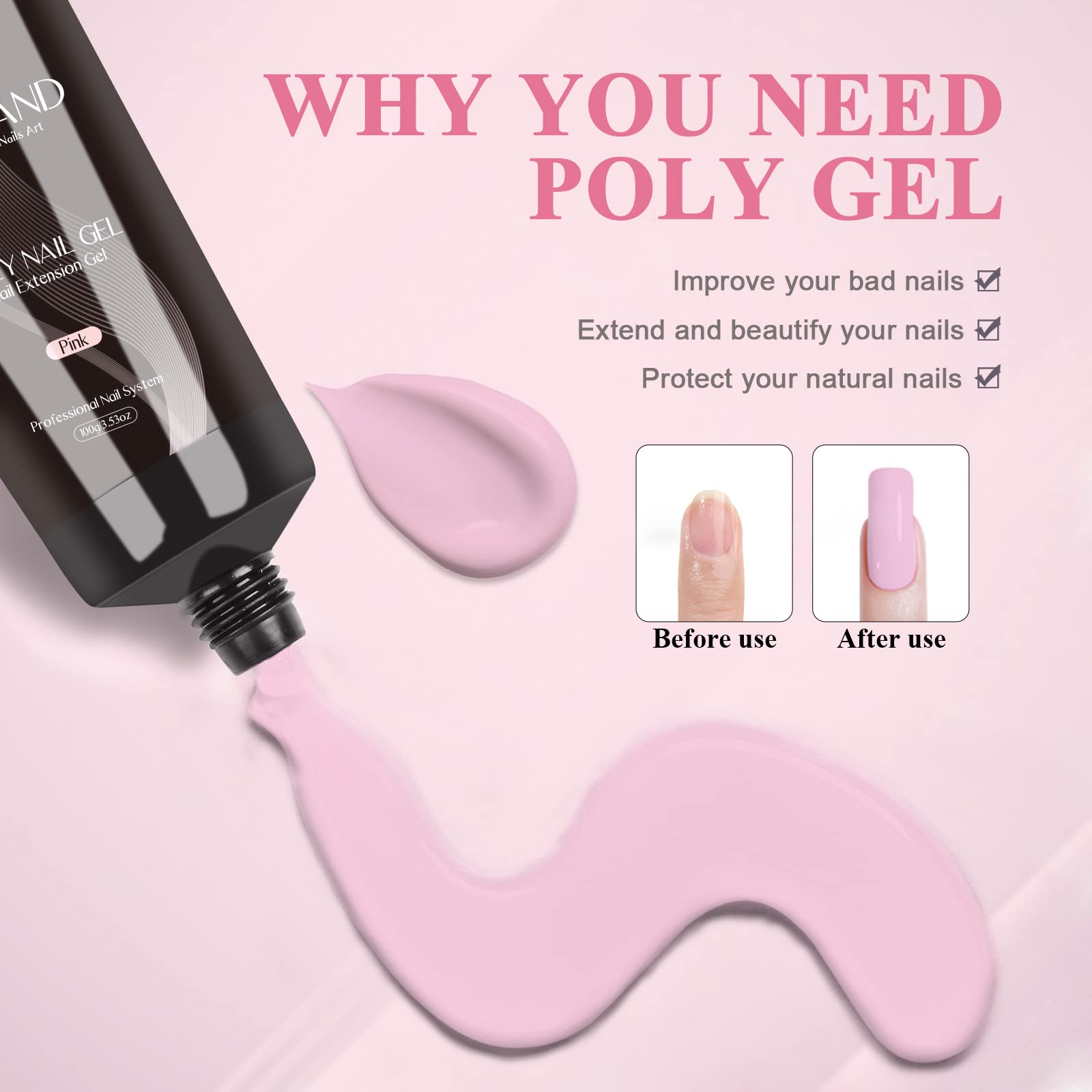 SAVILAND pink poly gel displayed with nail art for vibrant, durable designs.