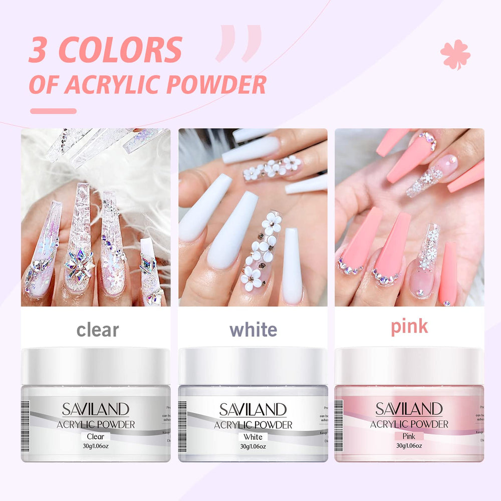 SAVILAND powder trio 30g clear pink white for durable nail enhancements.