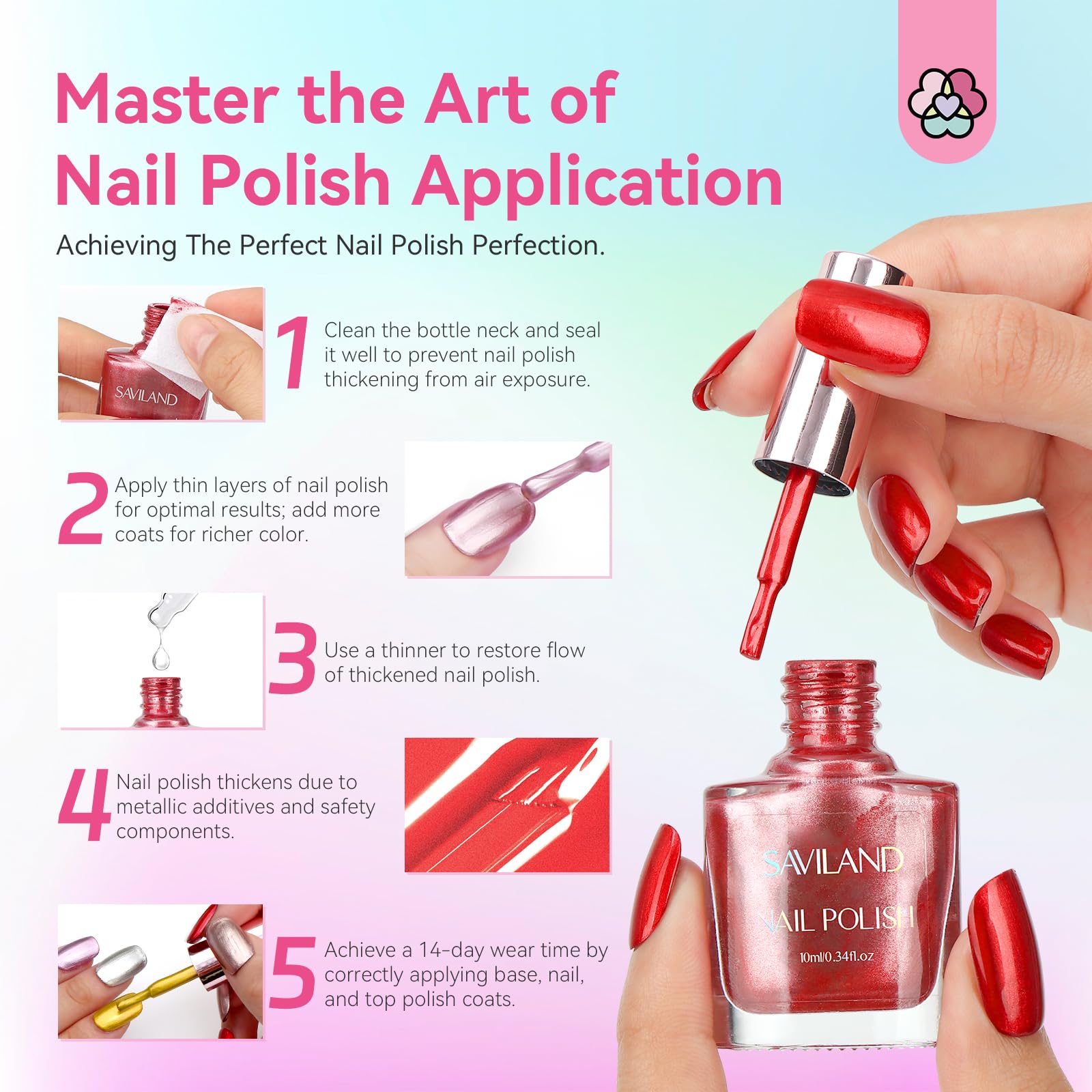 SAVILAND quick-dry base and top coat to lock color and reduce smudges.