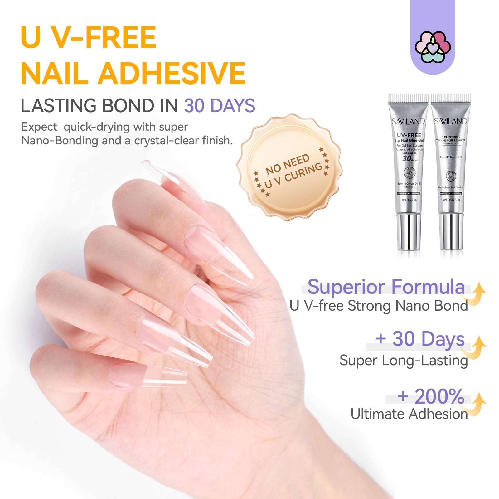 SAVILAND remover 10ml bottle helps quick, clean nail tip removal.
