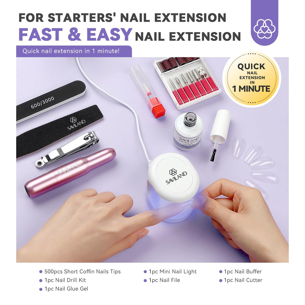SAVILAND short coffin nail tips close up highlighting natural look and precise fit