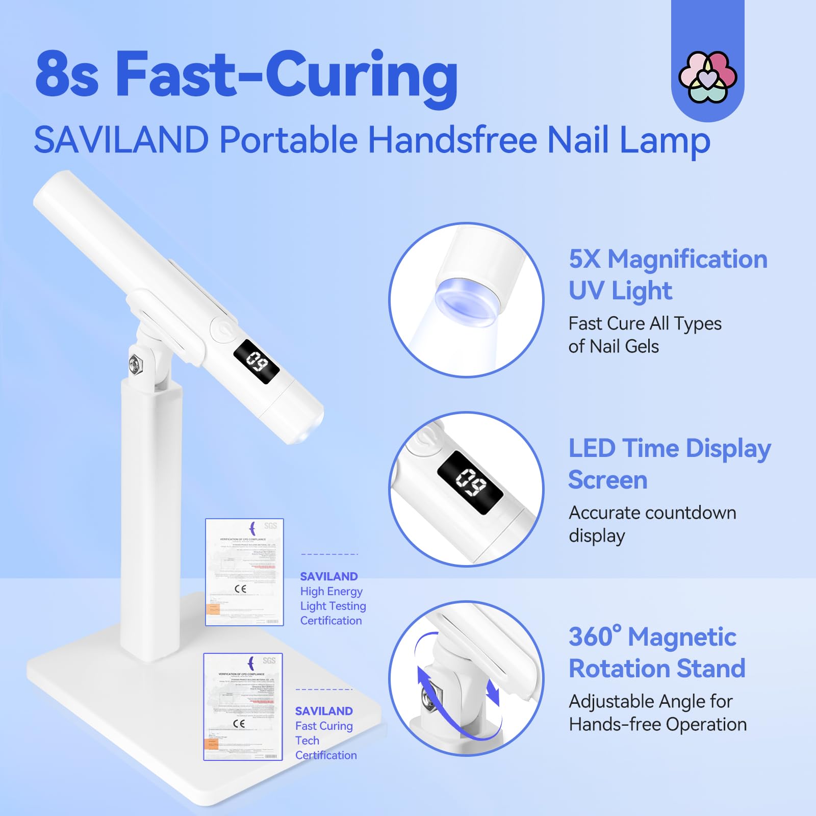 SAVILAND White 9W LED Nail Light with magnetic stand for hands-free manicures