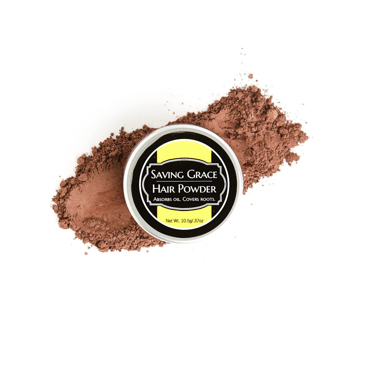 Saving Grace Hair Powder absorbs oil from dark brown roots for a fresh look.
