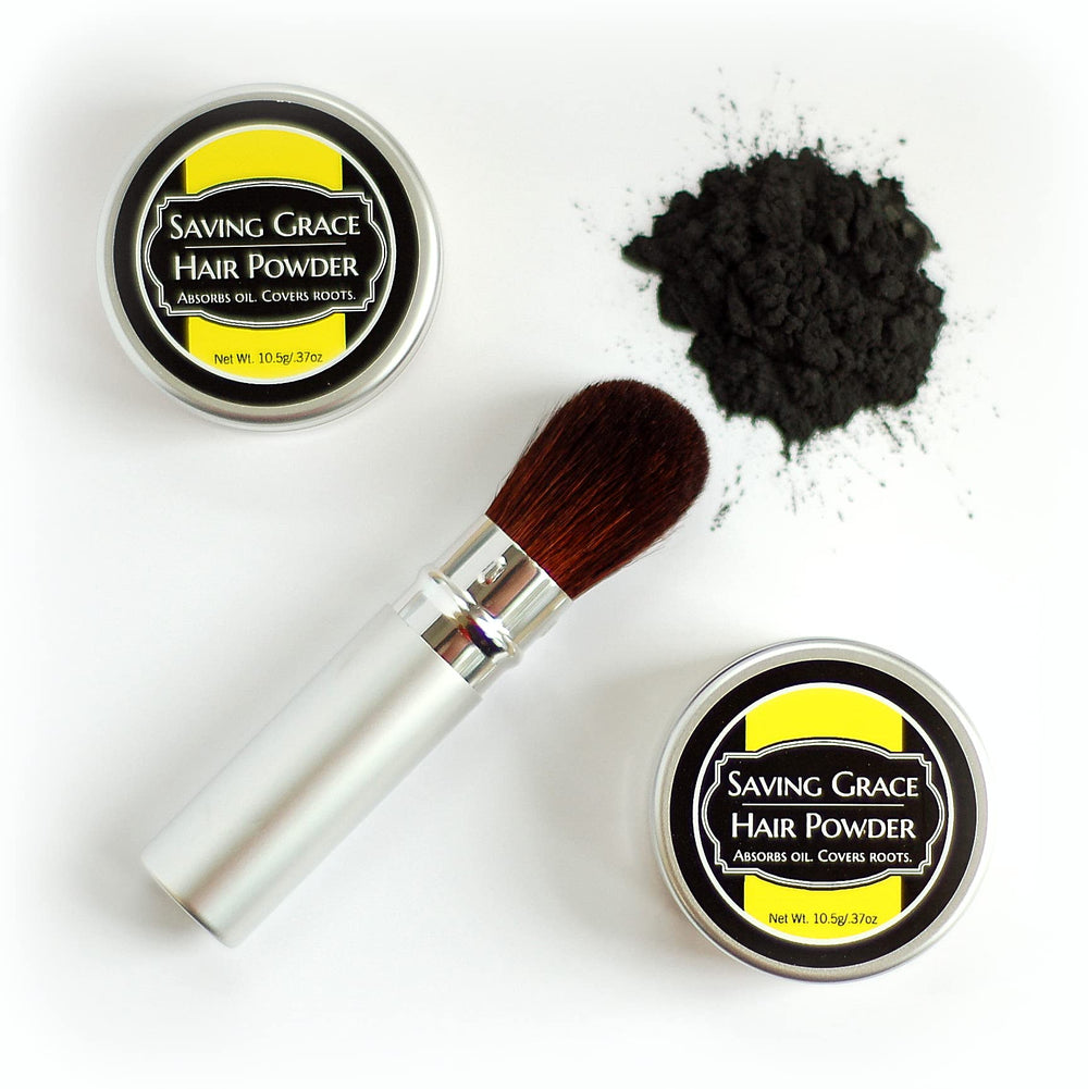 Saving Grace Hair Powder Black compact packaging highlights shade versatility and quick refresh