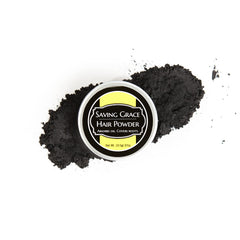 Saving Grace Hair Powder on black roots showing oil absorption for a quick refresh.