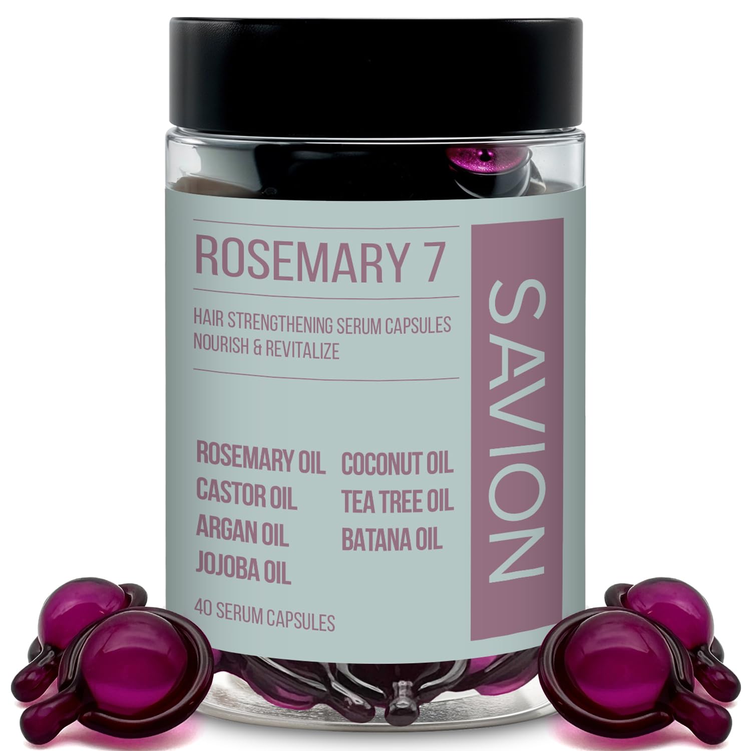 SAVION Rosemary Oil Capsule close-up showing nourishing blend for healthier strands