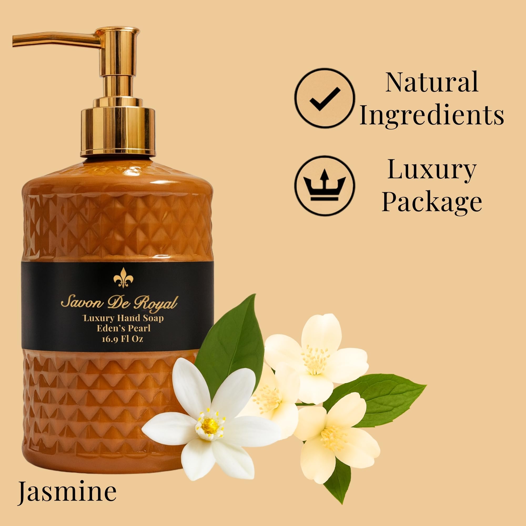 Savon De Royal bottle pump closeup highlighting moisturizing formula for gentle cleansing.