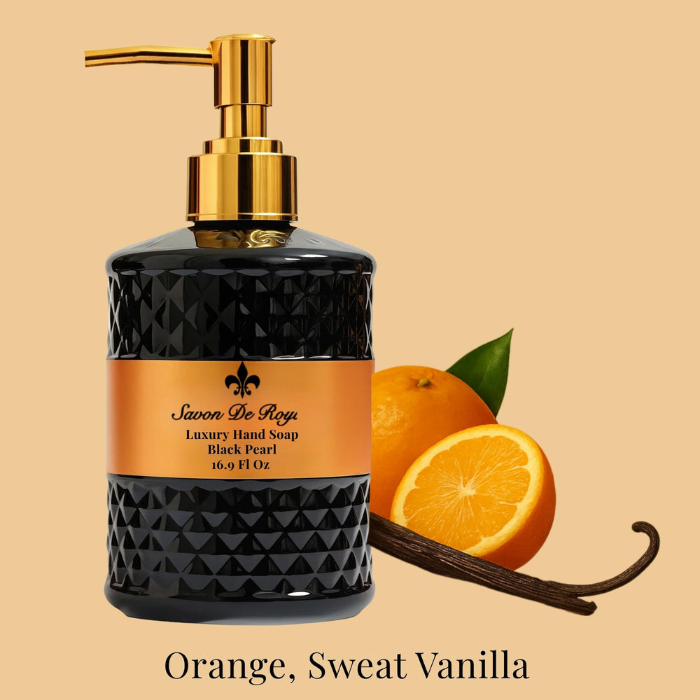 Savon De Royal Vanilla-Orange label closeup highlights vegan formula for gentle cleansing.