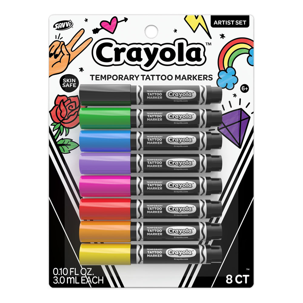 Savvi Crayola 8ct tattoo markers color palette for vibrant temporary designs.