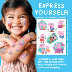 Child applying Savvi Peppa Pig tattoos on arm for party fun and creativity.