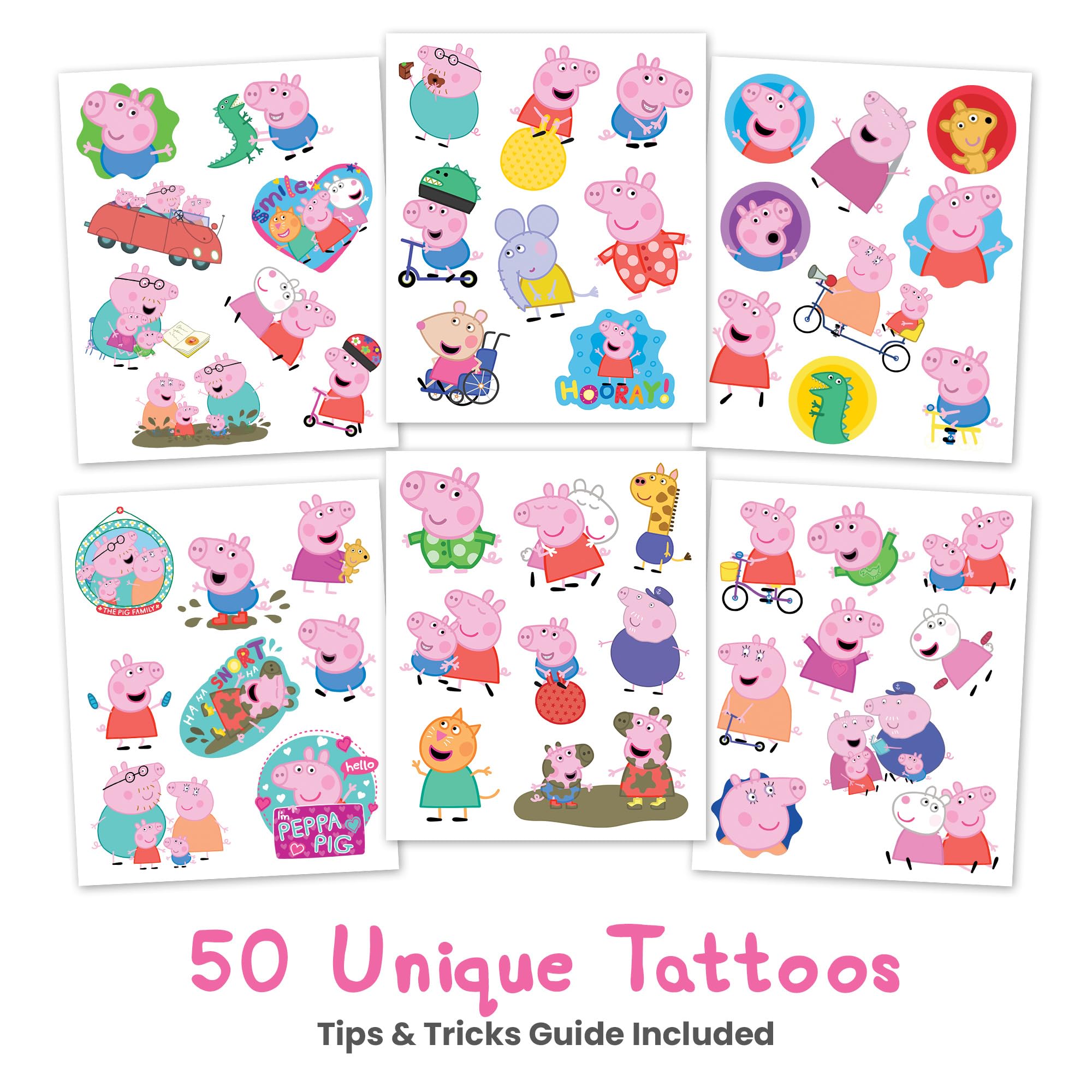 Close-up of Savvi Peppa Pig tattoo designs collection for kids' imaginative play.