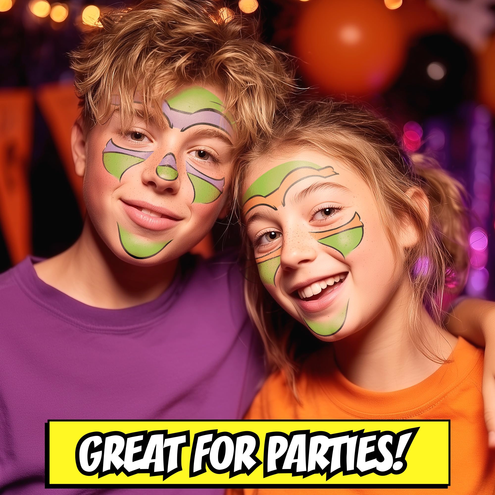 Savvi TMNT face tattoo of Michelangelo for a fun, pizza-loving disguise.