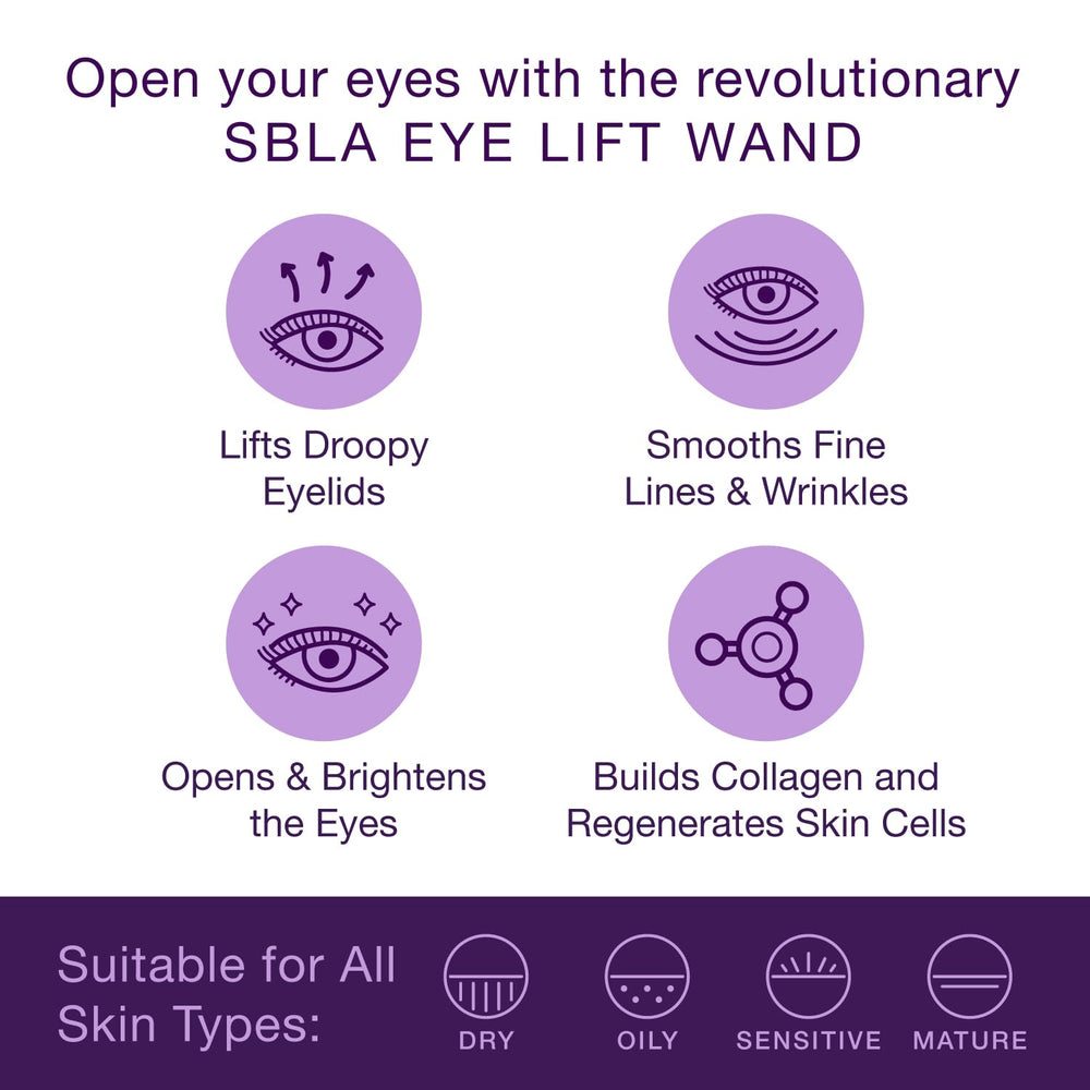 SBLA Eye Lift Wand close-up on eyelids illustrating smoothing and lifting potential