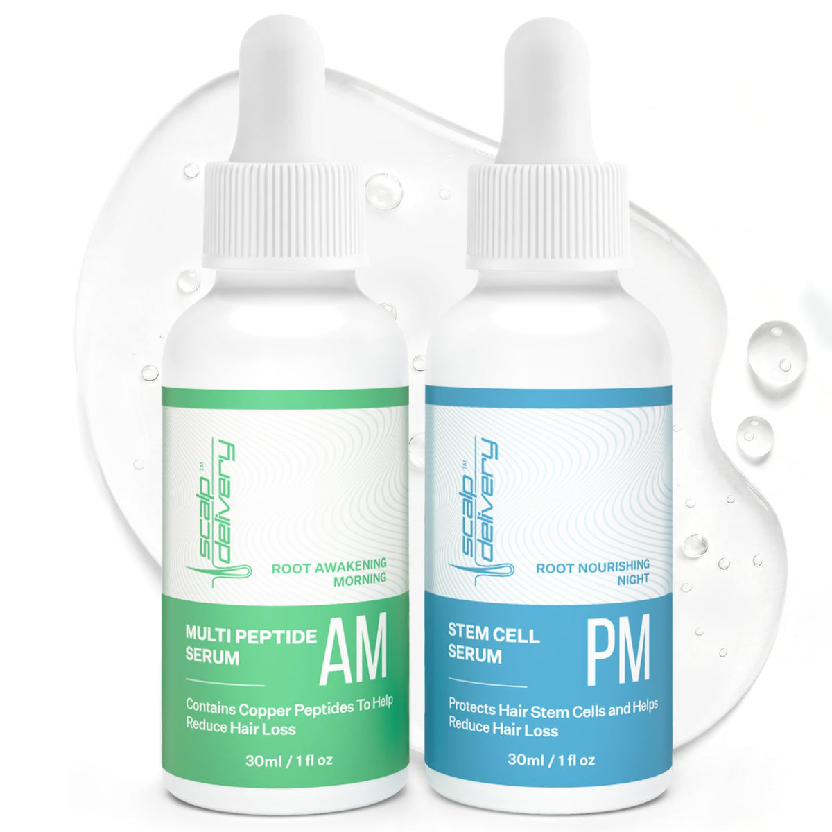 Scalp Delivery AM serum bottle closeup showing quick absorption for daily vitality.