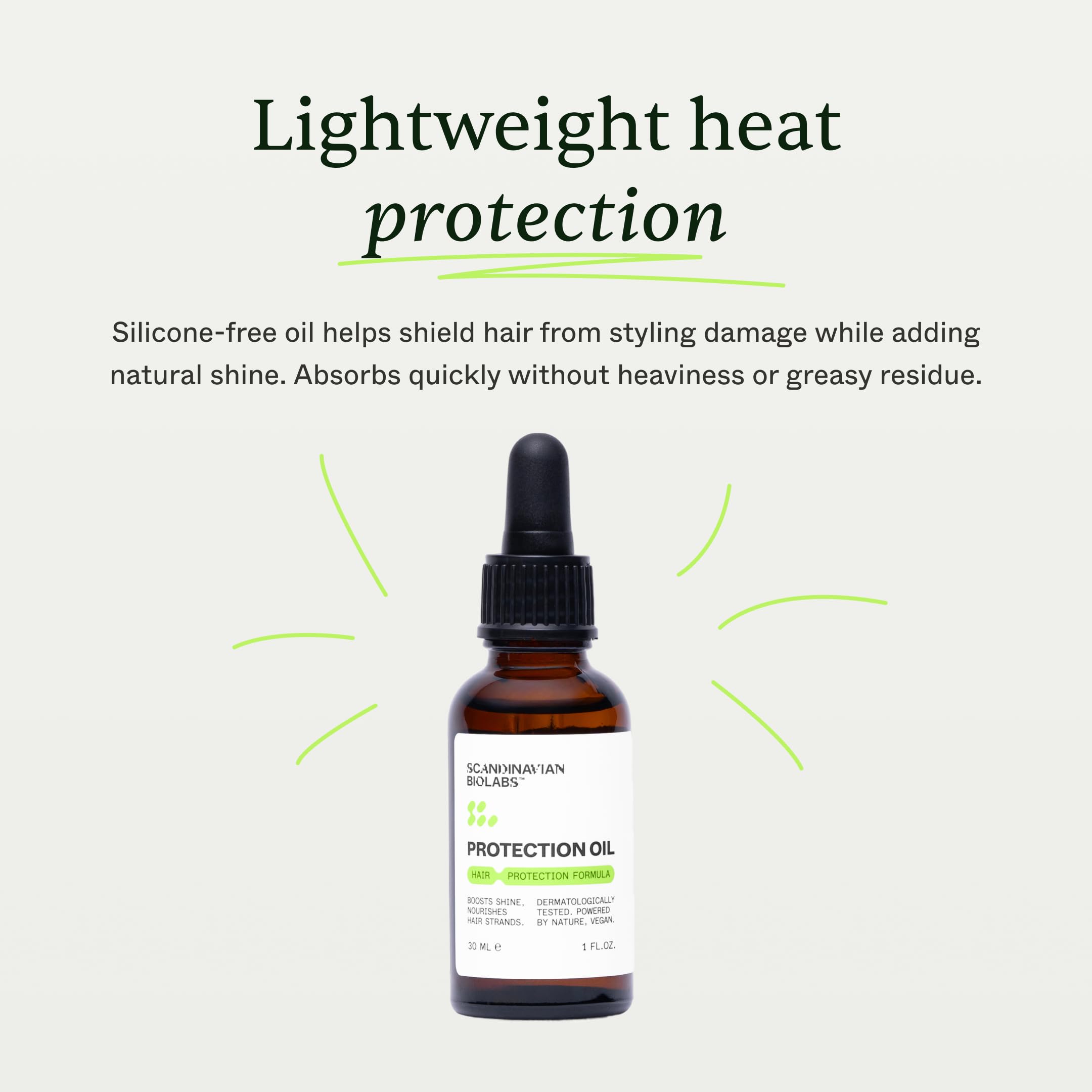Scandinavian Biolabs Protection Oil bottle demonstrates heat protection for styling.