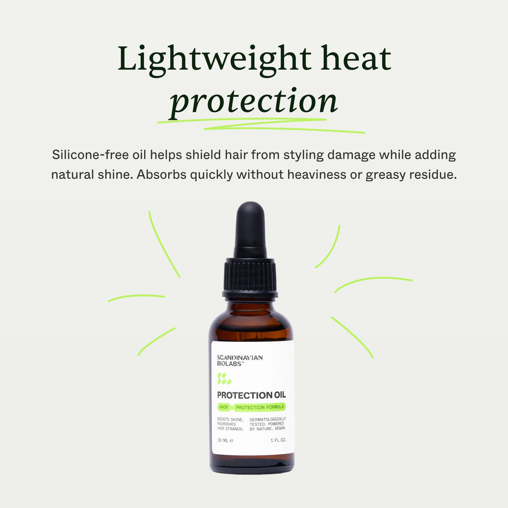 Scandinavian Biolabs Protection Oil bottle demonstrates heat protection for styling.