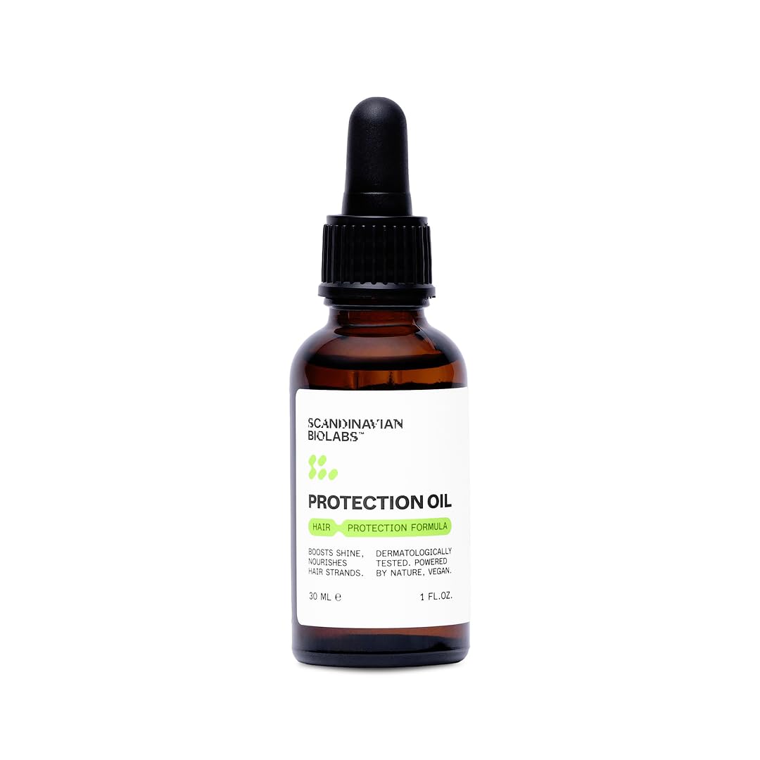 Scandinavian Biolabs Protection Oil bottle showcases a shine-boosting formula for daily care.