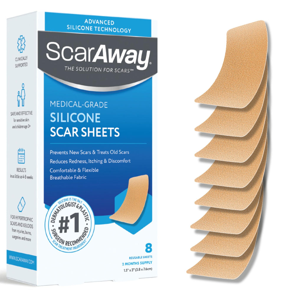 ScarAway packaging with tan sheets for scar care