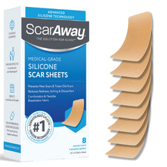 ScarAway packaging with tan sheets for scar care